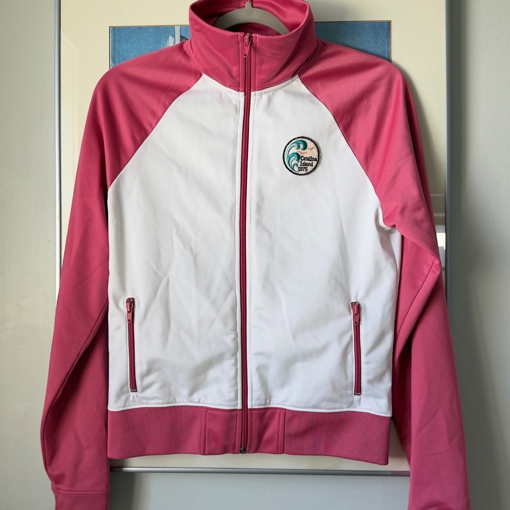 Y2K Hollister Pink White Raglan Track Jacket Catalina Island Surf Graphic L